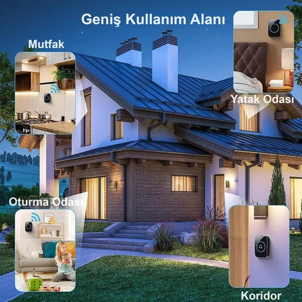 TriLine Ledli Modern Kablosuz Kapı Zili 300metre Menzil 60 Çeşit Zil 5 Seviye Ses - 5