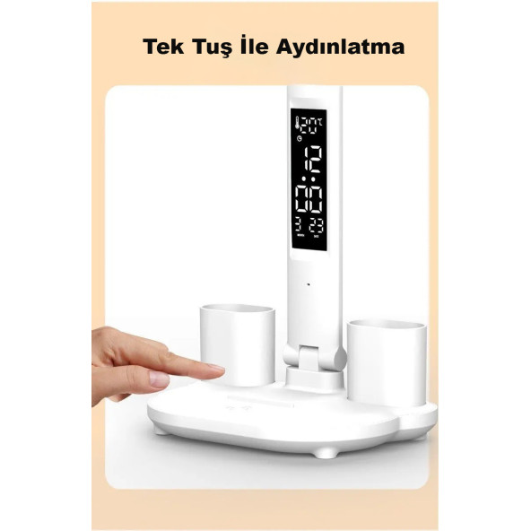 TechTic 5in1 Çok Fonksiyonlu Şarjlı Masa Lambası+Saat+Termometre+Takvim+Kalemlik+Telefon Tutucu - 3