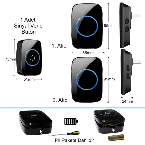 TriLine Ledli Modern 1 Buton 2 Alıcı Kablosuz Kapı Zili 300metre Menzil 60 Çeşit Zil 5 Seviye Ses - Resim 6