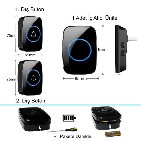 TriLine Ledli Modern 2 Buton 1 Alıcı Kablosuz Kapı Zili 300metre Menzil 60 Çeşit Zil 5 Seviye Ses - Resim 6