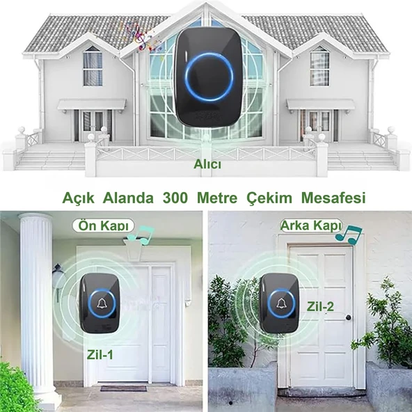 TriLine Ledli Modern 2 Buton 1 Alıcı Kablosuz Kapı Zili 300metre Menzil 60 Çeşit Zil 5 Seviye Ses - Resim 2