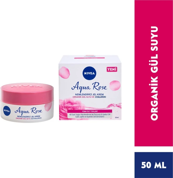 Nivea Aqua Rose Hyaluron ve Organik Gül Suyu İçeren Nemlendirici Jel Yüz Kremi (50 ml); 48 Saat Yoğu