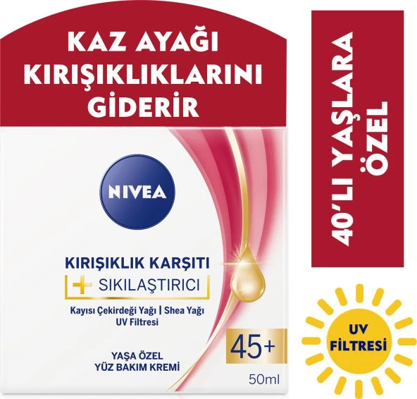 NIVEA + Krem Yaş 45+ (50ml),Yaşa Özel Yüz Bakım Kremi,Kayısı Çekirdeği ve Shea Yağı ile Yoğun Cilt B