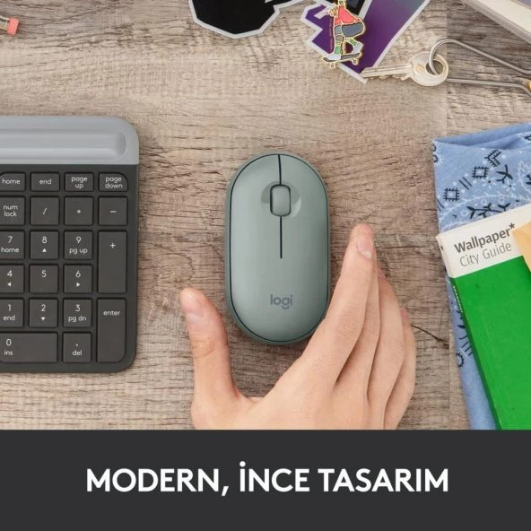 Logitech M350 Pebble Sessiz Kablosuz Kompakt Mouse - Okaliptus