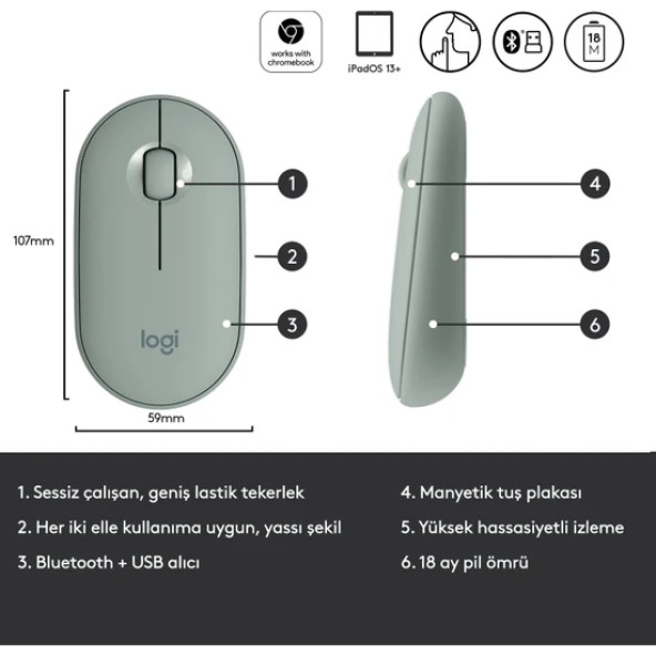 Logitech M350 Pebble Sessiz Kablosuz Kompakt Mouse - Okaliptus - 5