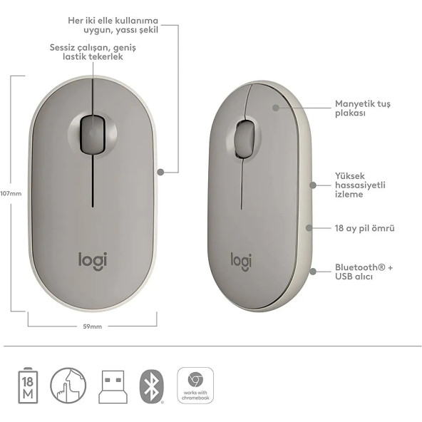 Logitech M350 Pebble Sessiz Kablosuz Kompakt Mouse - Bej - 4