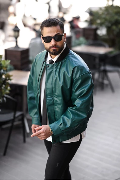 ERKEK BAHARLIK OVERSIZE YAKASI RİBANALI DERİ CEKET - 11