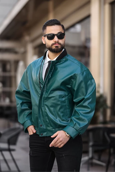 ERKEK BAHARLIK OVERSIZE YAKASI RİBANALI DERİ CEKET - 12