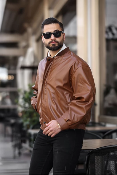 ERKEK BAHARLIK OVERSIZE YAKASI RİBANALI DERİ CEKET - 8