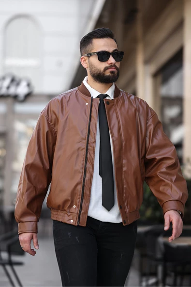 ERKEK BAHARLIK OVERSIZE YAKASI RİBANALI DERİ CEKET - 7