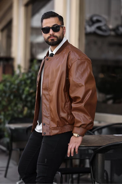 ERKEK BAHARLIK OVERSIZE YAKASI RİBANALI DERİ CEKET - 6