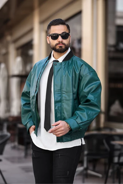 ERKEK BAHARLIK OVERSIZE YAKASI RİBANALI DERİ CEKET - 10
