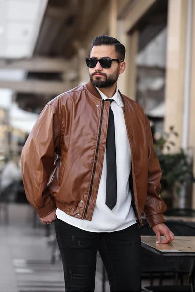 ERKEK BAHARLIK OVERSIZE YAKASI RİBANALI DERİ CEKET - 5