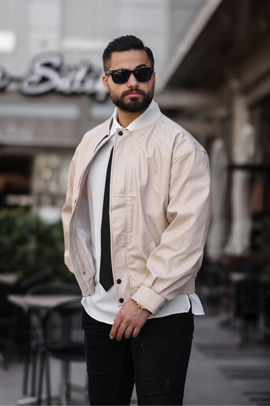 ERKEK BAHARLIK OVERSIZE YAKASI RİBANALI DERİ CEKET - 2