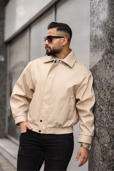 ERKEK BAHARLIK OVERSIZE YAKALI DERİ CEKET - 4