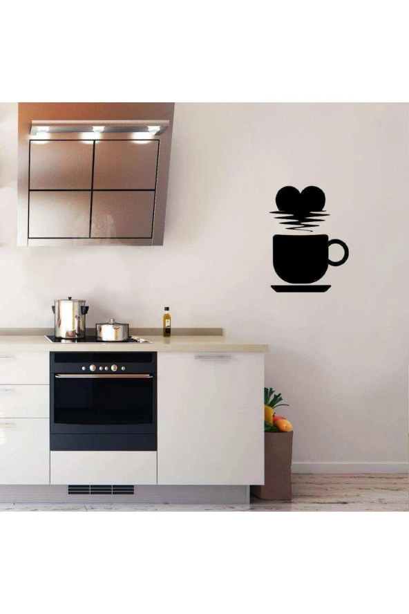 Kahve Fincanı Ve Kalp Silüeti Dekoratif Mutfak Duvar Sticker, Çıkartma, Etiket