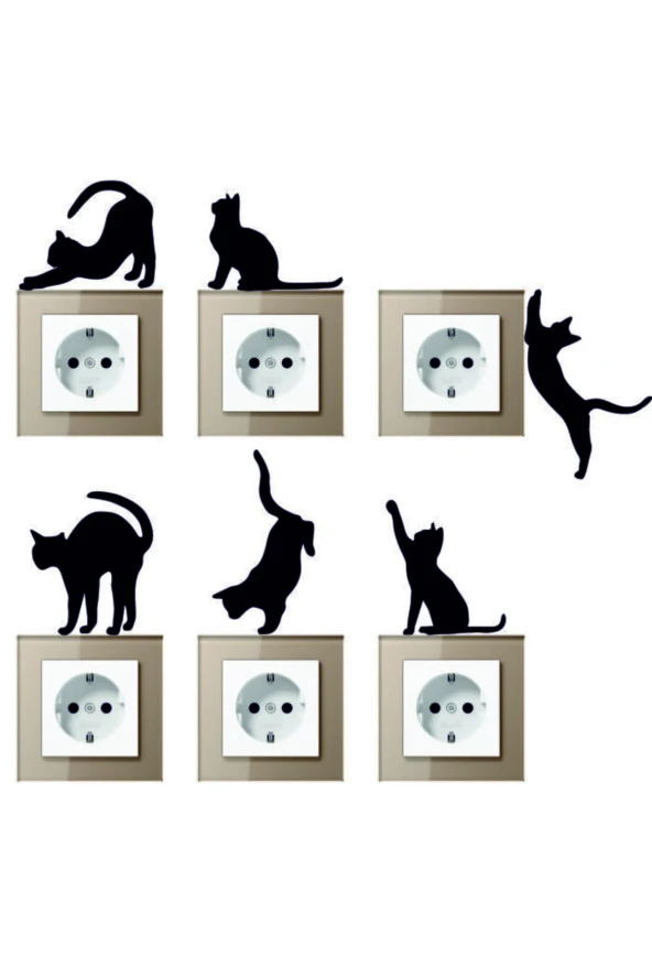 6'lı Priz Kedi Sticker Set Siyah Etiket Duvar Sticker