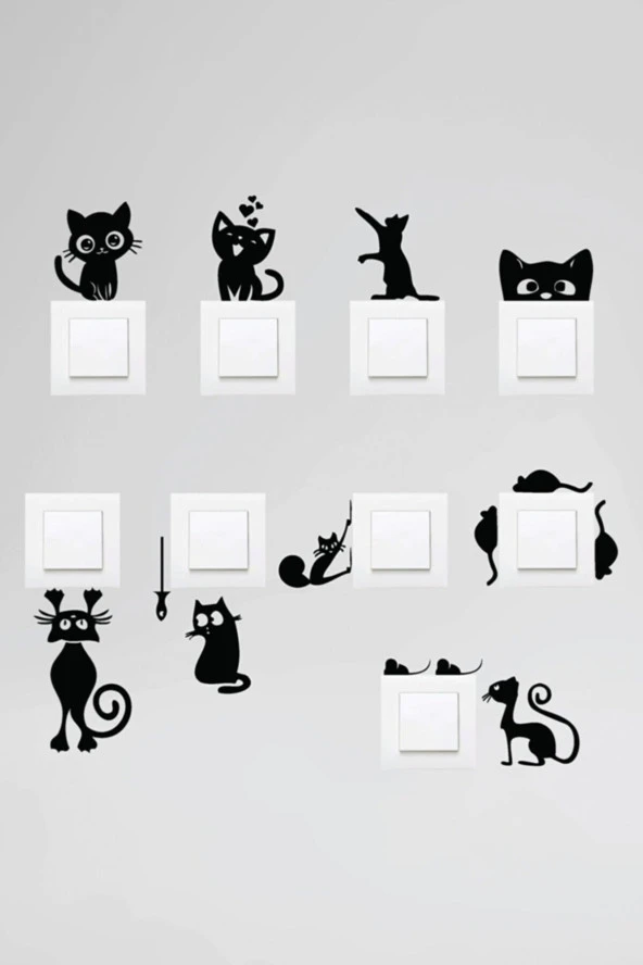 Priz Kedi Sticker Set Siyah Etiket Duvar Sticker