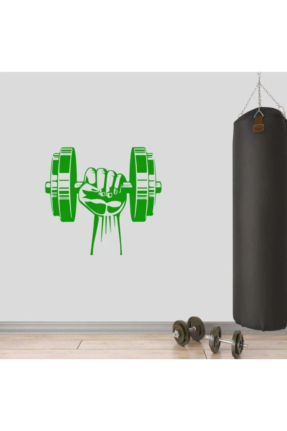 Dumbell Tutan El, Fitness Dekoratif Duvar Sticker, Çıkartma, Etiket Yeşil