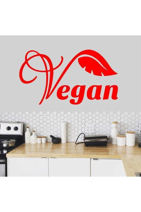 Vegan Yazılı Yaprak Silüet Dekoratif Duvar Sticker, Çıkartma, Etiket Kırmızı