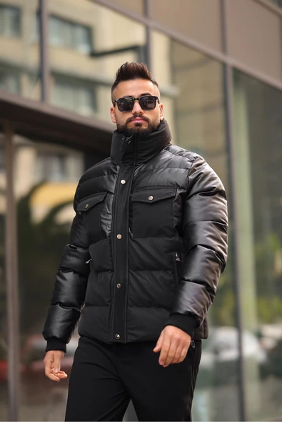 Dik Yaka Parlak Kumaş Garnili Erkek Şişme Deri Mont - 3