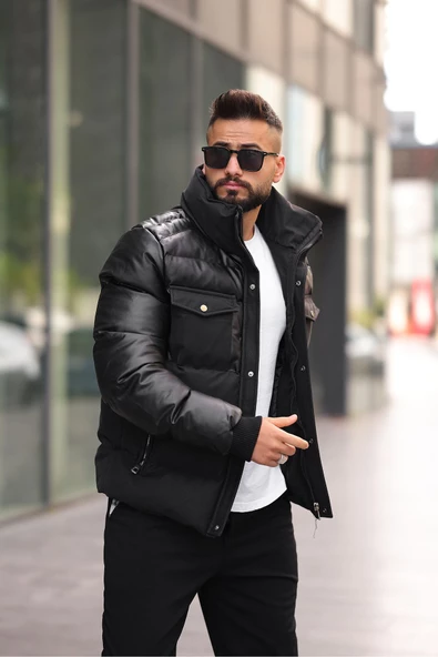 Dik Yaka Parlak Kumaş Garnili Erkek Şişme Deri Mont - 2