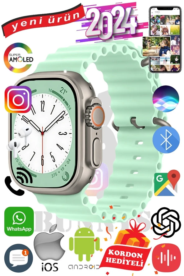 Alcatel Uyumlu Akıllı Saat ULTRA MAX 2024 Kordon Hediyeli Amoled Ekran