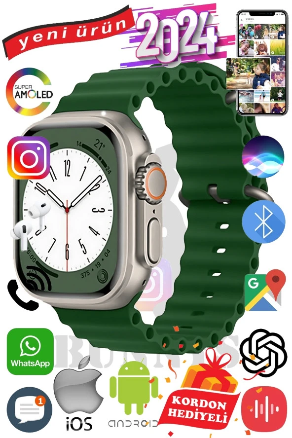 Apple iPhone SE Uyumlu Akıllı Saat ULTRA MAX 2024 Kordon Hediyeli Amoled Ekran