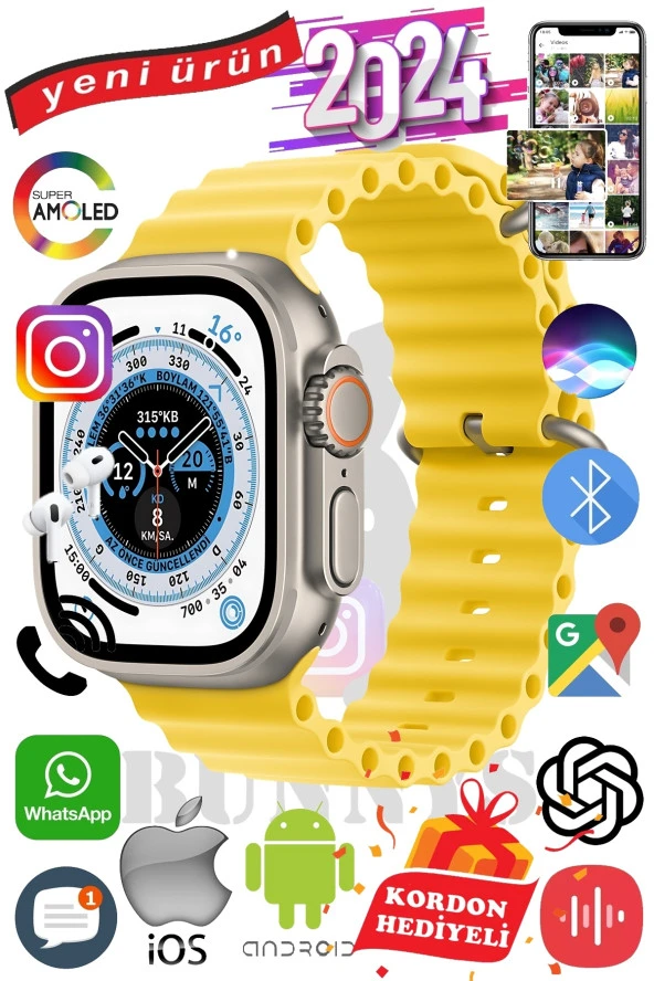 Apple iPhone X Uyumlu Akıllı Saat ULTRA MAX 2024 Kordon Hediyeli Amoled Ekran - 1