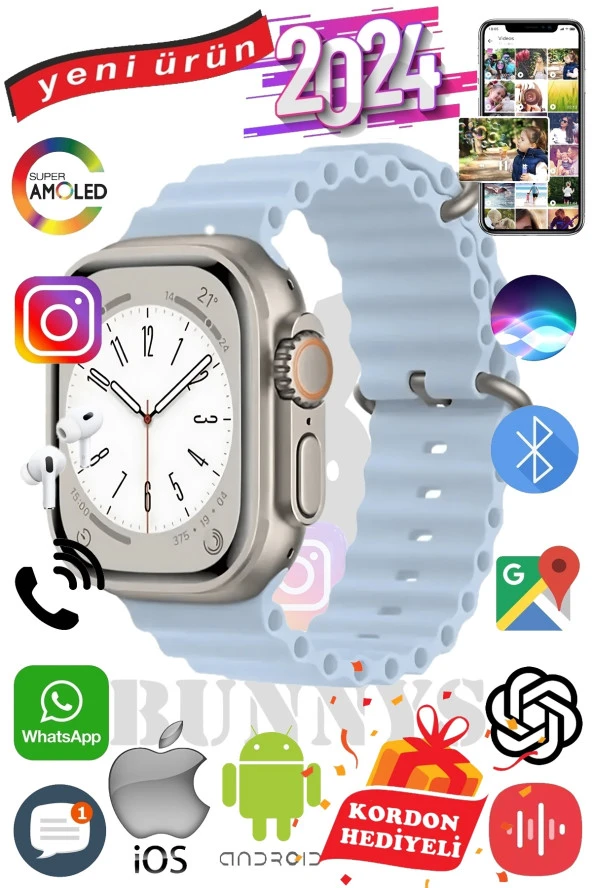 Apple iPhone XS Uyumlu Akıllı Saat ULTRA MAX 2024 Kordon Hediyeli Amoled Ekran