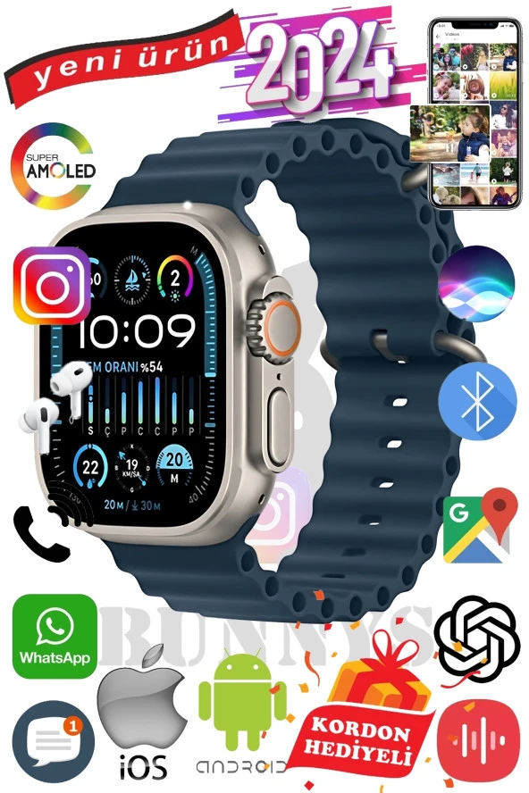 Philips Uyumlu Akıllı Saat ULTRA MAX 2024 Kordon Hediyeli Amoled Ekran