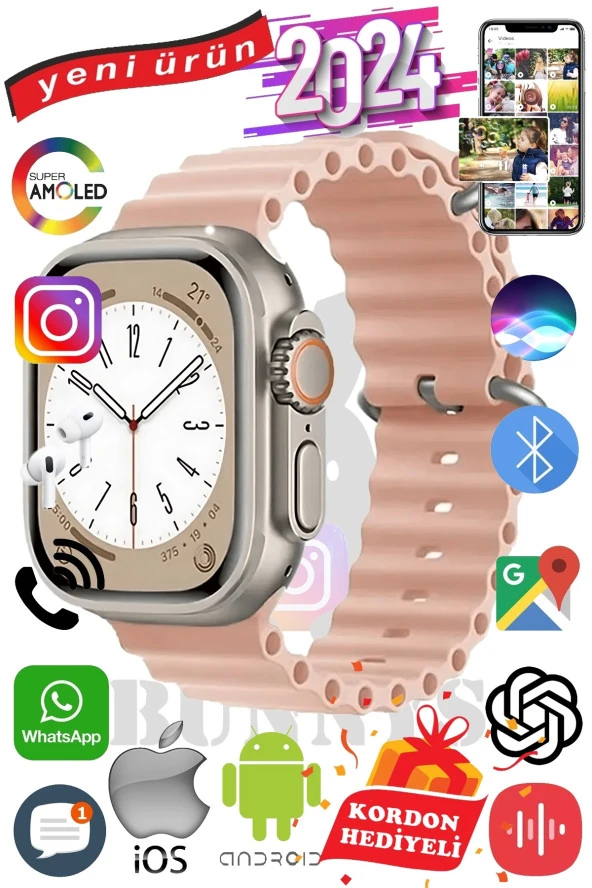 Xiaomi Mi Note 10 Uyumlu Akıllı Saat ULTRA MAX 2024 Kordon Hediyeli Amoled Ekran