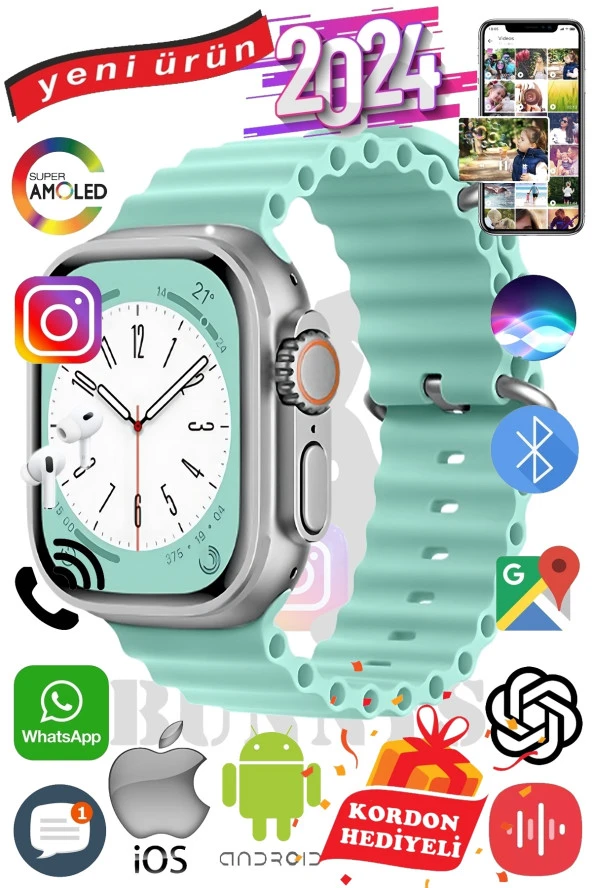 Xiaomi Redmi Note 8 Uyumlu Akıllı Saat ULTRA MAX 2024 Kordon Hediyeli Amoled Ekran