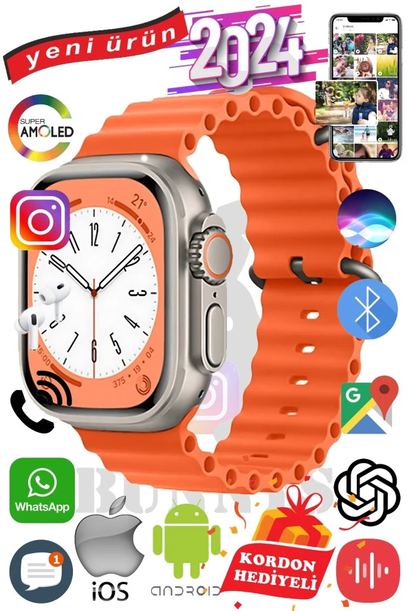 Xiaomi Redmi Note 8 Uyumlu Akıllı Saat ULTRA MAX 2024 Kordon Hediyeli Amoled Ekran