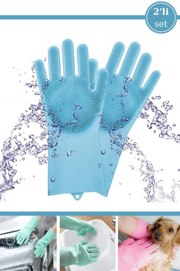 2 Adet Isıya Dayanıklı Çok Amaçlı Silikon Eldiven, Bulaşık Temizlik Yıkama Eldiveni 2’li Set Mavi ürün görseli 1