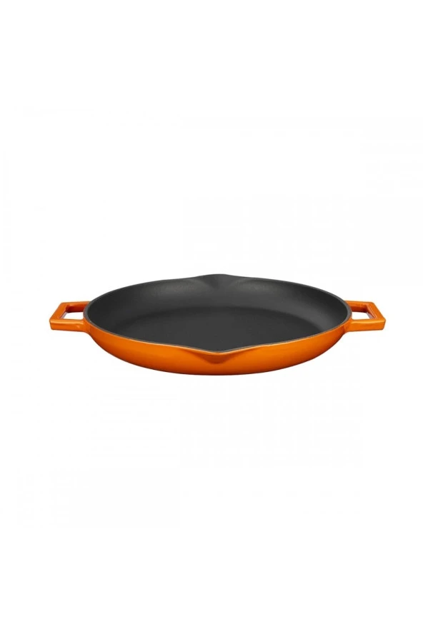 Döküm Yuvarlak Kızartma Tavası Döküm Demir Yekpare Çift Kulplu Çap(ø)26cm. - Turuncu