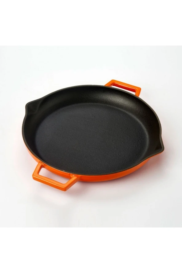 Döküm Yuvarlak Kızartma Tavası Döküm Demir Yekpare Çift Kulplu Çap(ø)26cm. - Turuncu - 3