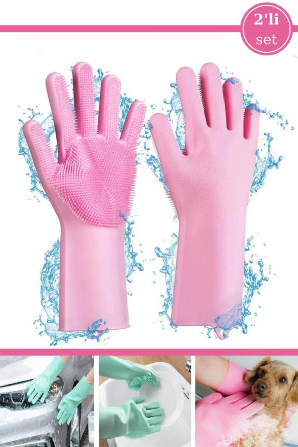 2 Adet Isıya Dayanıklı Çok Amaçlı Silikon Eldiven, Bulaşık Temizlik Yıkama Eldiveni 2’li Set Pembe ürün görseli 1