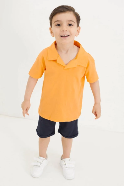 Erkek Bebek Turuncu Polo Yaka Tişörtlü Şortlu Takım 18633 - 2