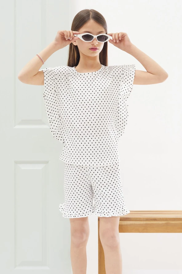 Beyaz Puantiyeli Fırfırlı Bluzlu Kız Çocuk Şortlu Takım 18555 - 3