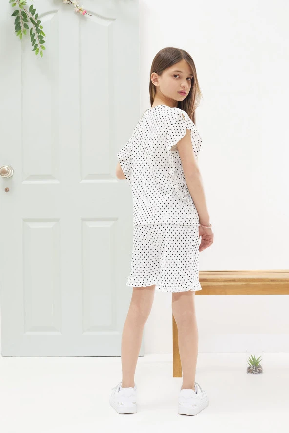 Beyaz Puantiyeli Fırfırlı Bluzlu Kız Çocuk Şortlu Takım 18555 - 5