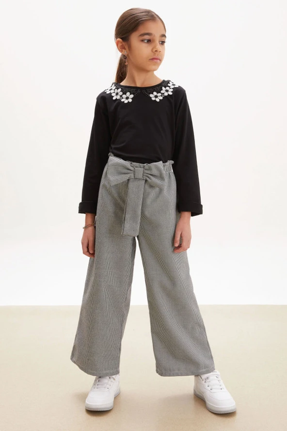 Siyah Dantel Detaylı Bluzlu Fiyonklu Pantolonlu Kız Takım 18163 - 2