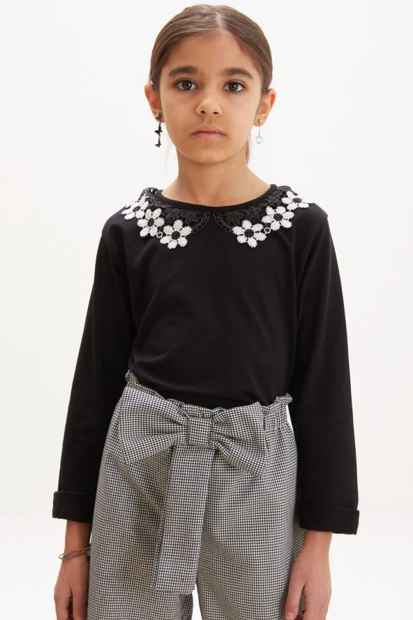 Siyah Dantel Detaylı Bluzlu Fiyonklu Pantolonlu Kız Takım 18163 - 3