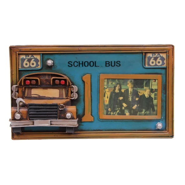 Vintage Tasarım Dekoratif Metal Çerçeve Okul Otobüsü Dekorlu