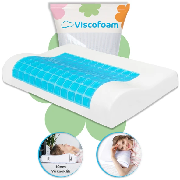 Viscofoam Terletmeyen Ortopedik Boyun Destekli Yastık Serinleten Visco Yastık Jelli Yastık 57x37x10-7cm