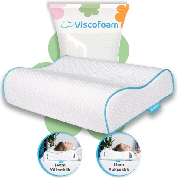 Yüksek Boyun Destekli Ortopedik Yastık Çift Boyun Destekli Visco Yastık - 60x40x14-12cm