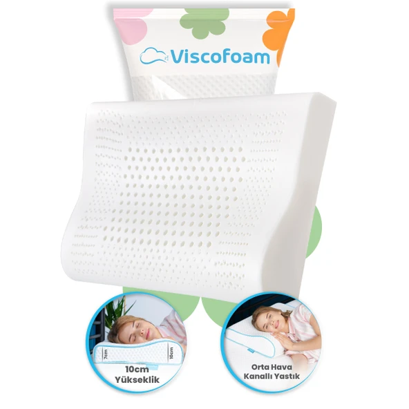 Viscofoam Hava Kanallı Ortopedik Boyun Destekli Yastık Visco Yastık 57x37x10-7cm
