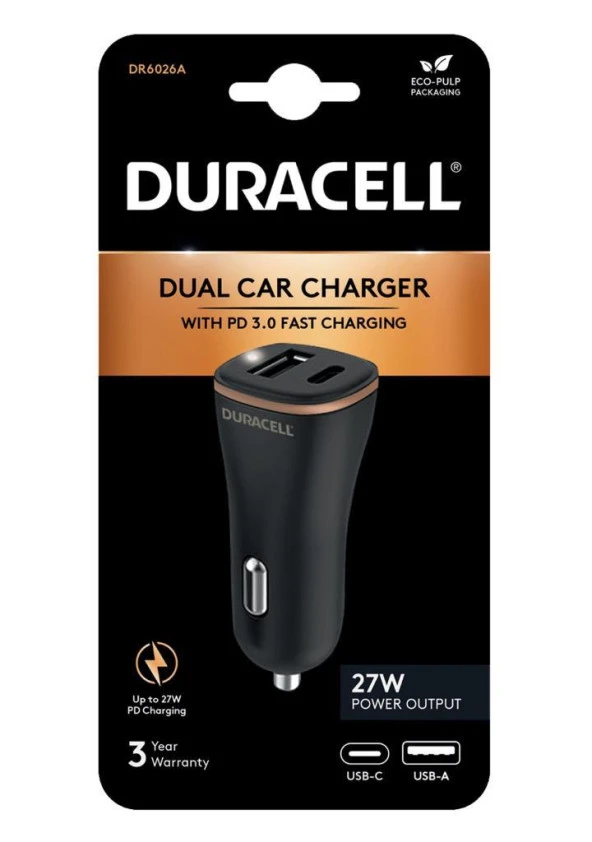 Duracell Car Charger Type-C PD18W +2.4A Black