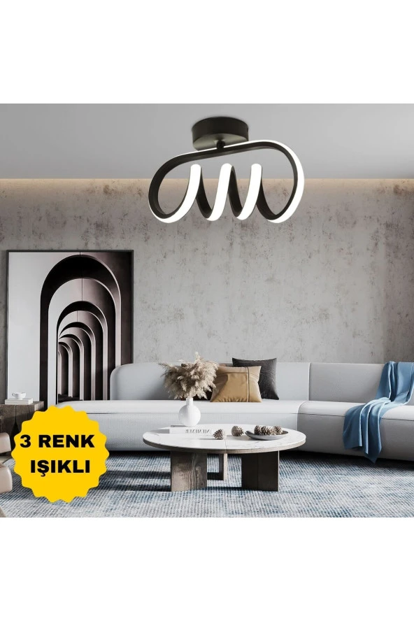 Livora Lighting Burgu Siyah Tavana Sıfır 3 Renk Işıklı Led Avize