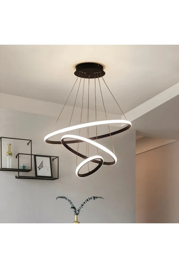 Livora Lighting 3lü Halka Siyah Led Avize Beyaz Işık